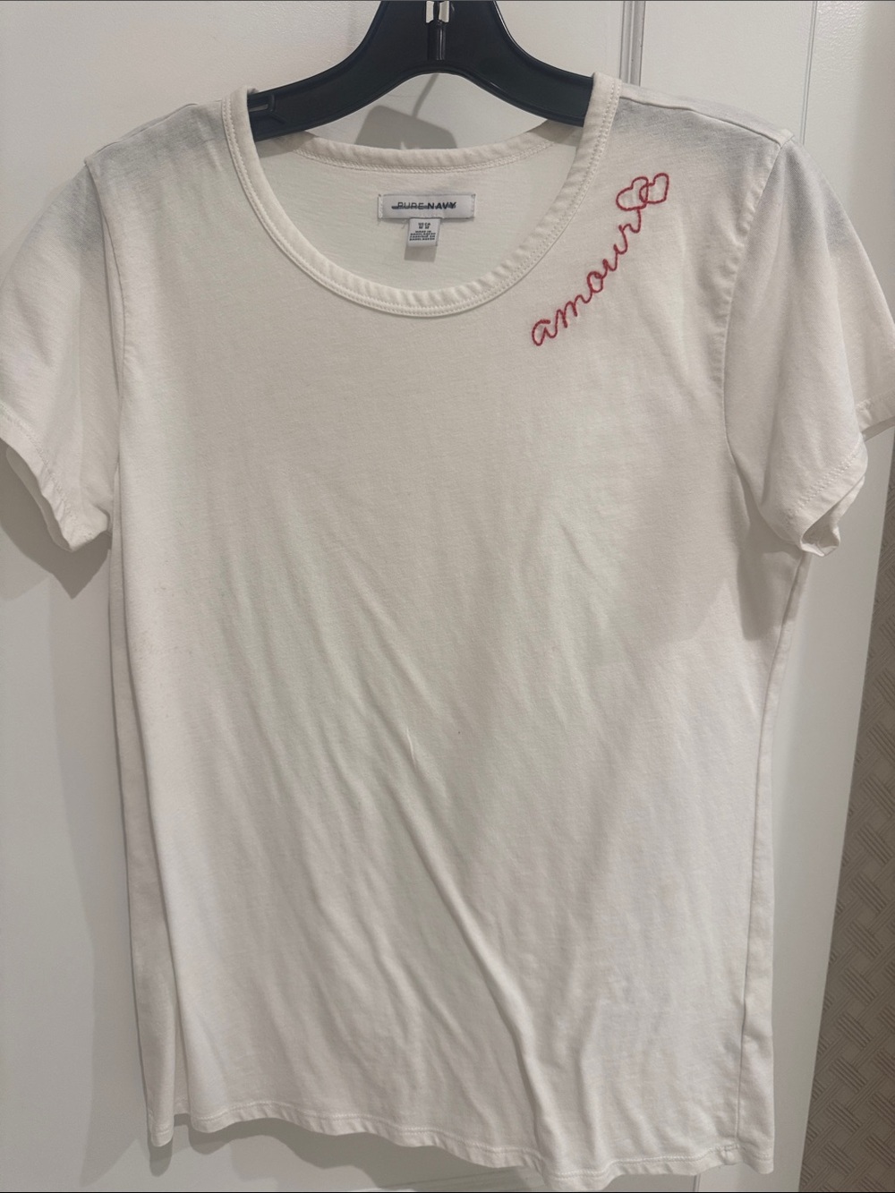 Pure navy White Tee with Red 'amour' Embroidery size Medium